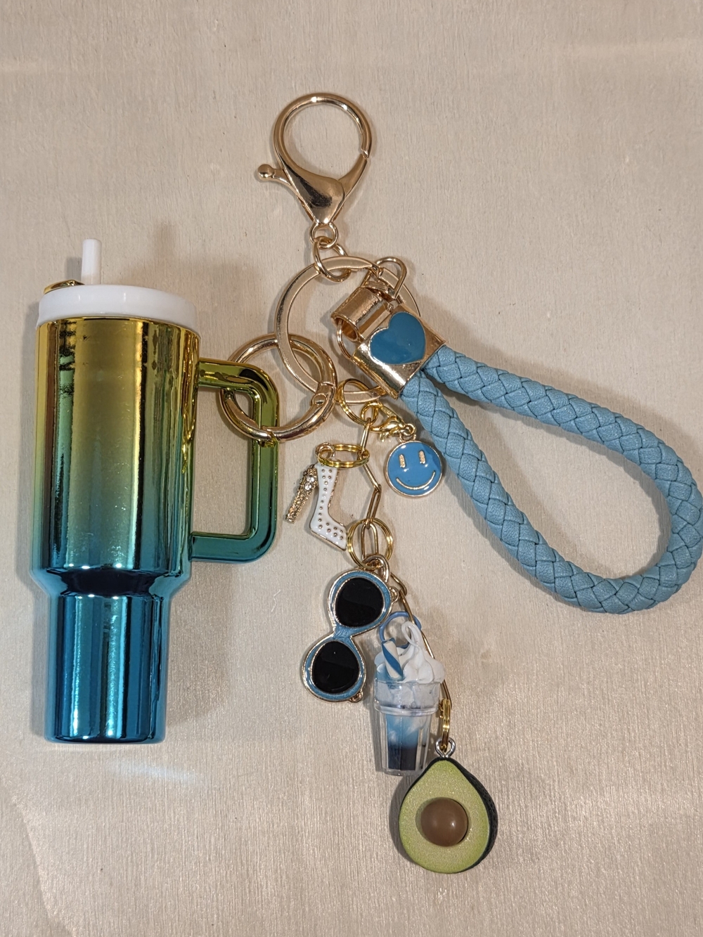 Blue Metallic Travel Mug Wristlet Keychain Fashion Bag Accent